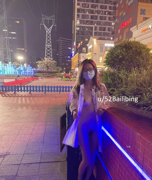 Flashing in public downtown in the city lights [F]