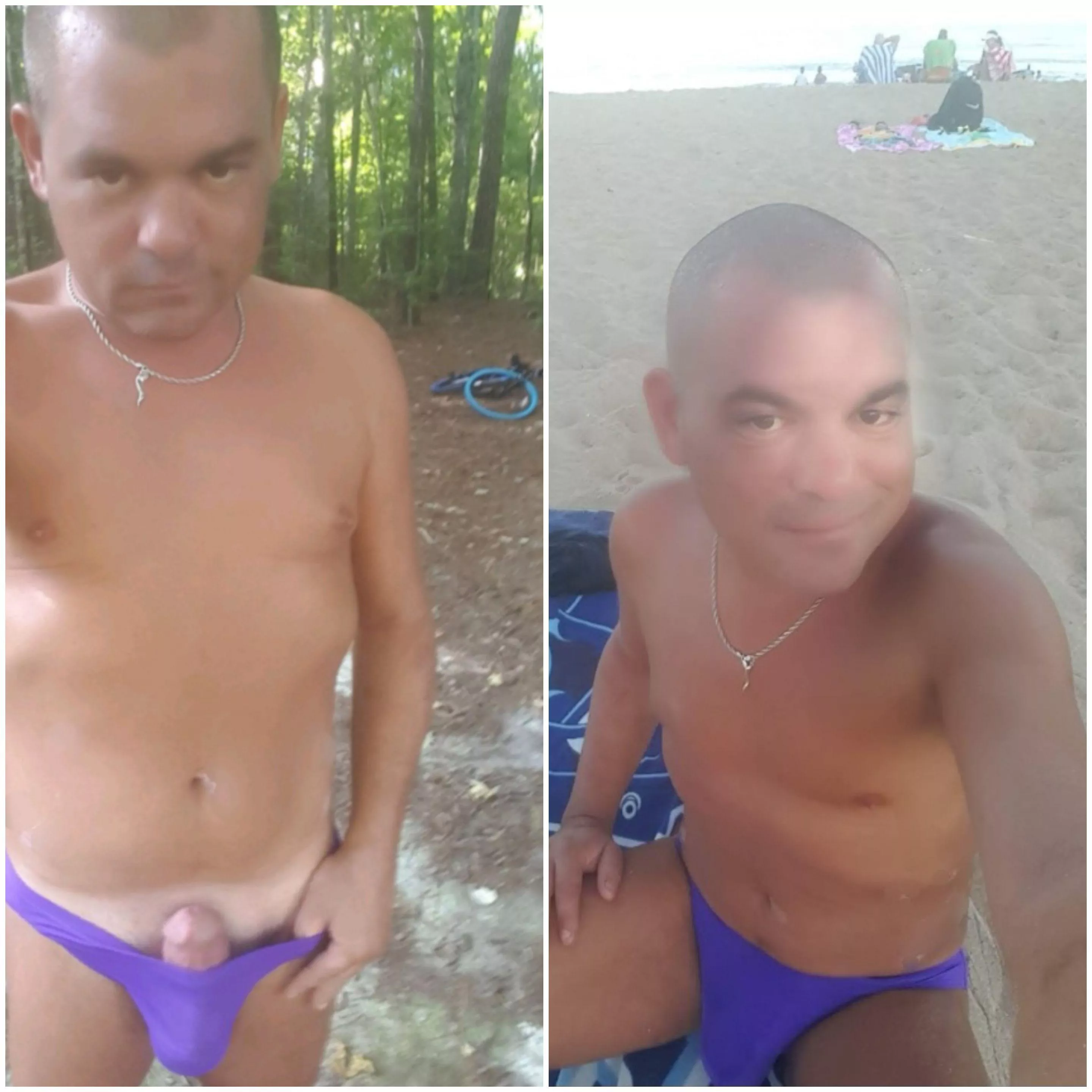 Flashing on the bike trail on the way to the beach in my speedo Flashing on the bike trail on the way to the beach in my speedo