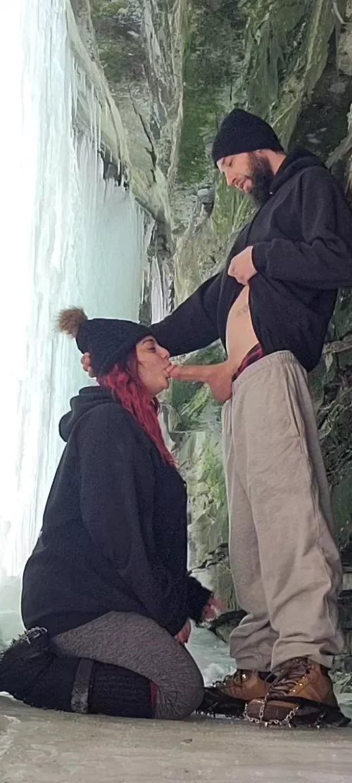 Frozen waterfall while hiking , had to throat fuck her behind it 😈💦