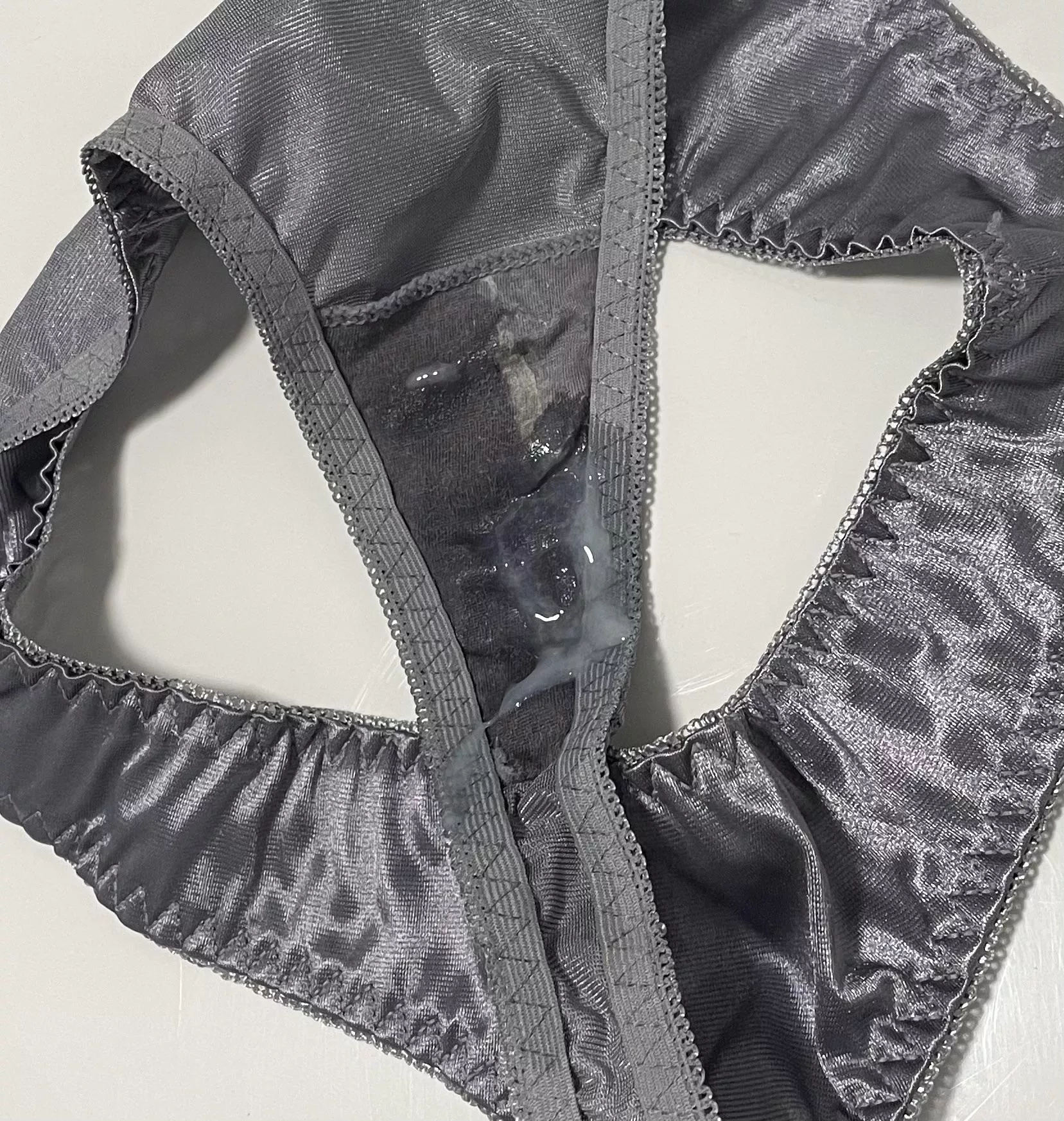 Gfs worn satin thong with its second load of the day on it