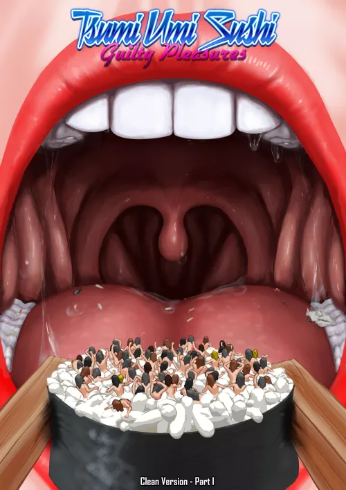 Giantess Vore with tinies near her mouth on a rice cake that she is about to eat