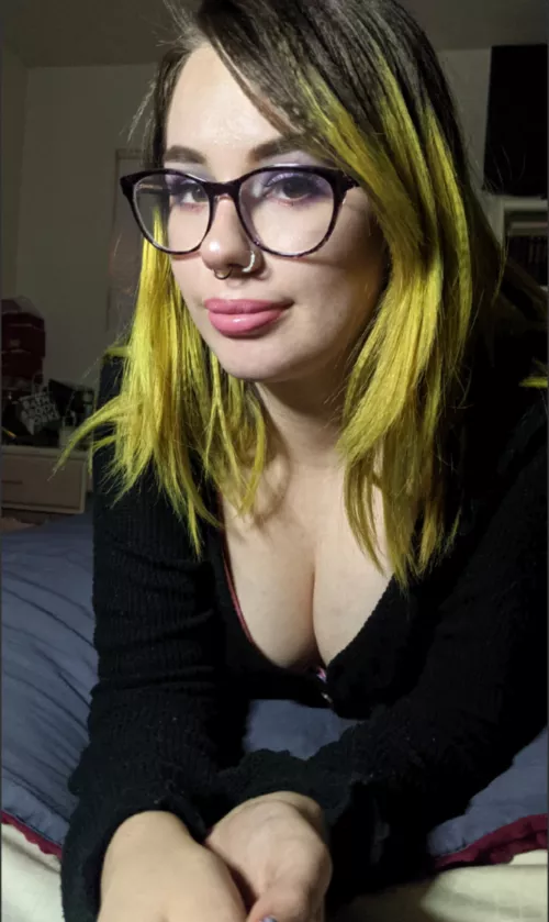 Glasses, cleavage, and green hair, want anything else? (OC)