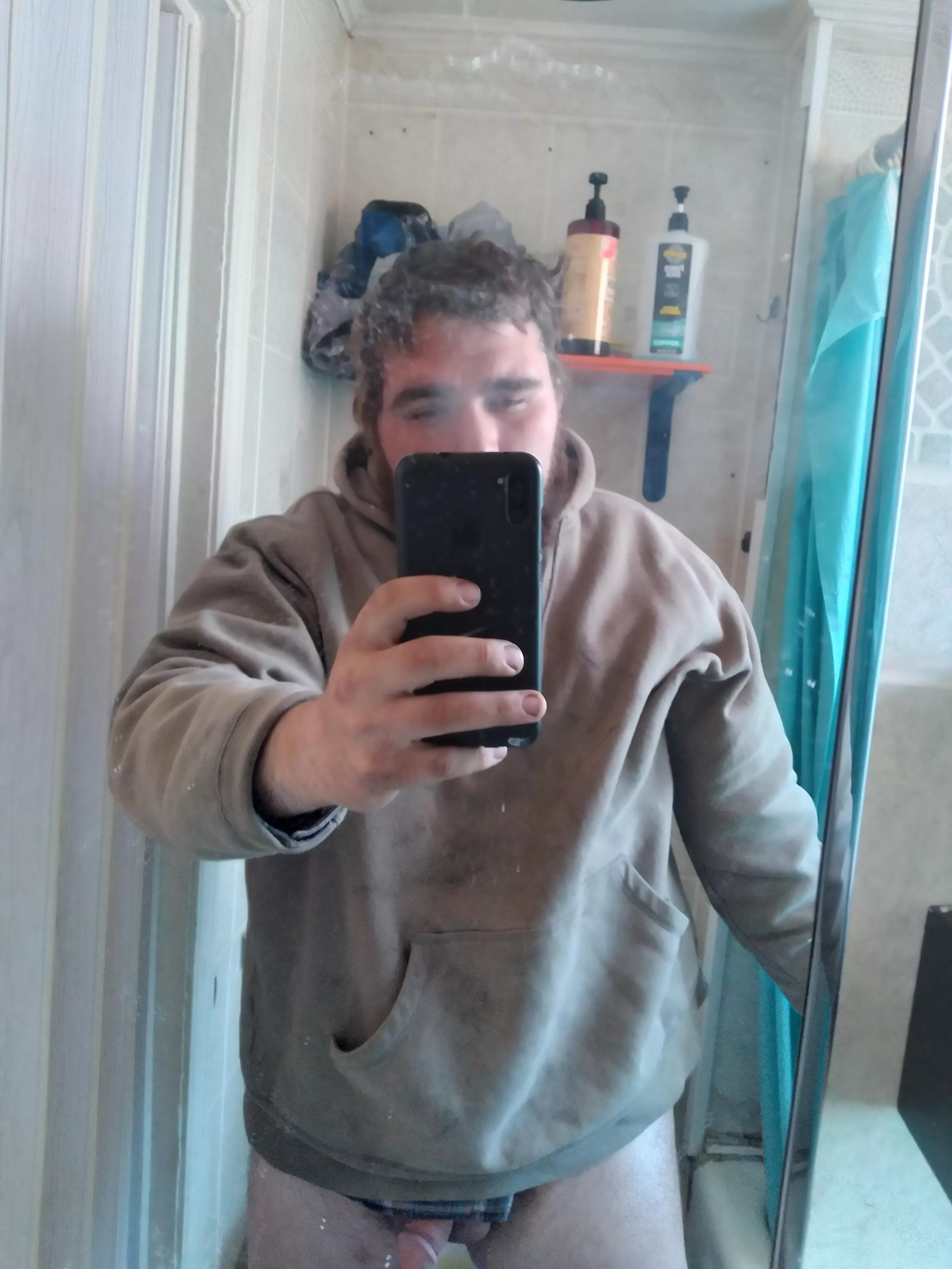 Hair is messy, balls are full. You want some sauce? Come give it a pull 😏