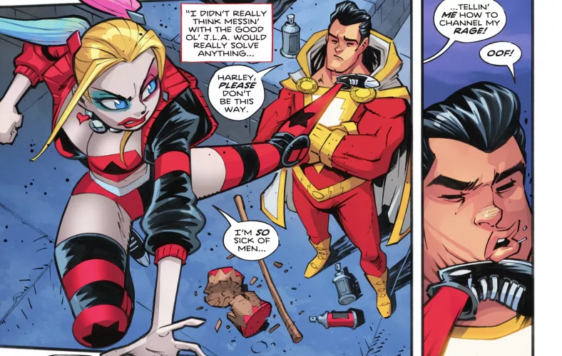 Harley show some cleveage and fights Shazam [Strange Love Adventures #01][2022]
