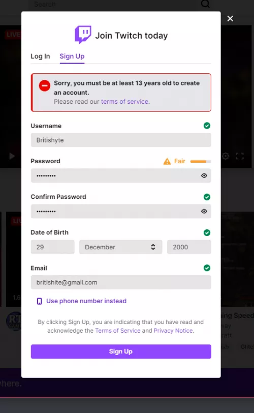 Hello! Im having an issue signing up... this image show the error.