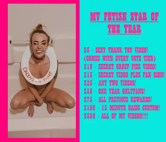 HI EVERYONE! 💖I'm running for MV Fetish Star of the Year!💖 So, pretty please with a cherry on top go vote for me 🍒 All paid votes have AWESOME rewards!