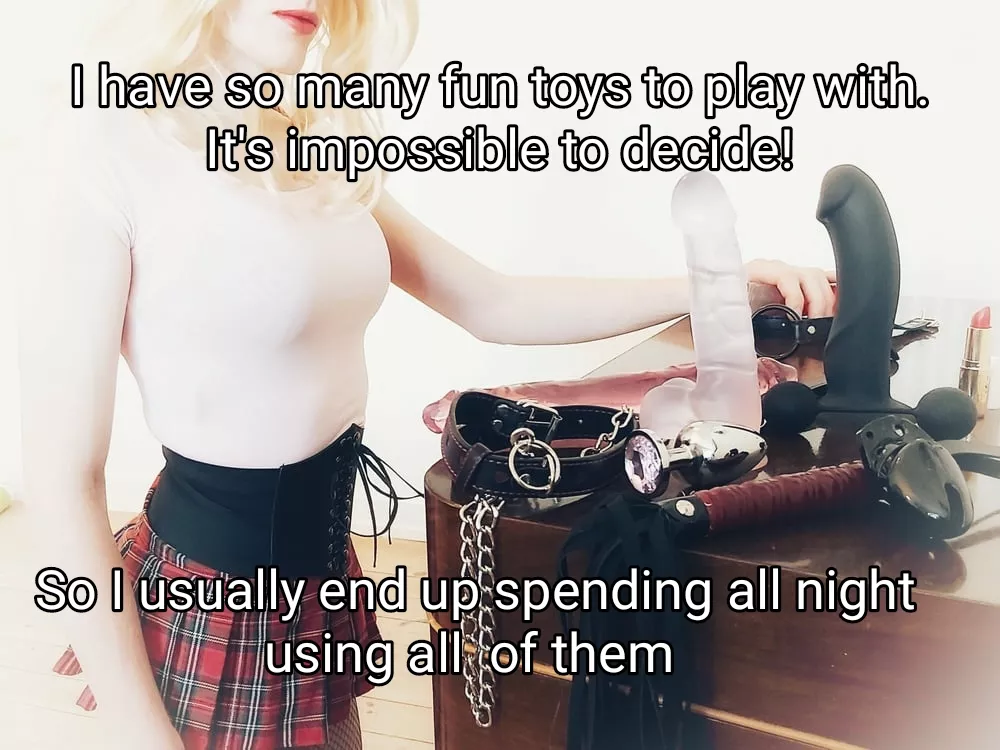 Hmm which toy to use tonight? Dildo, whip or chastity cage?