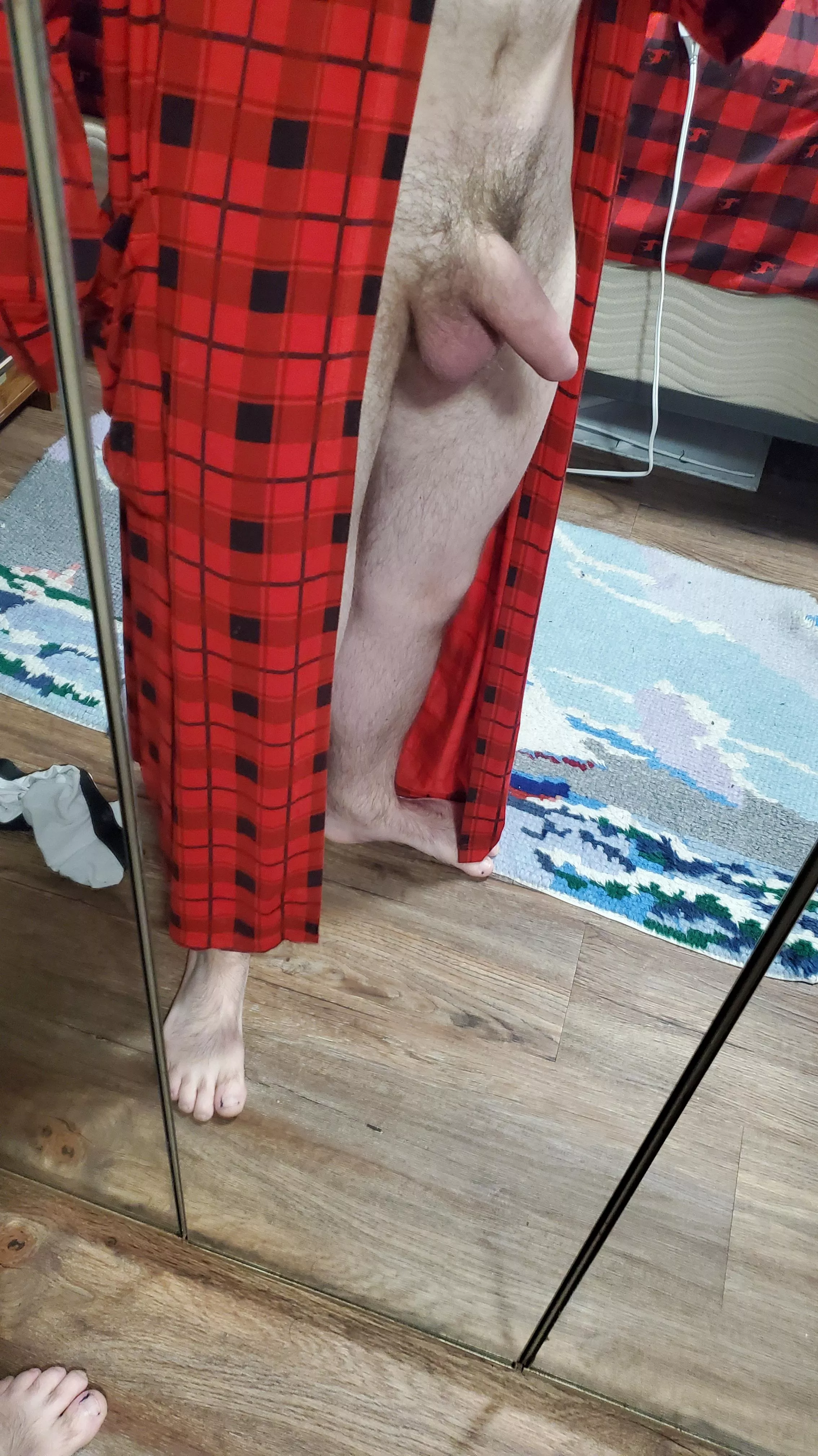 House-coat slipped open...