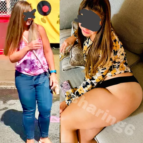 How she looks outside vs. how she looks when she is about to service my cock. Upvote if you want a go 😉