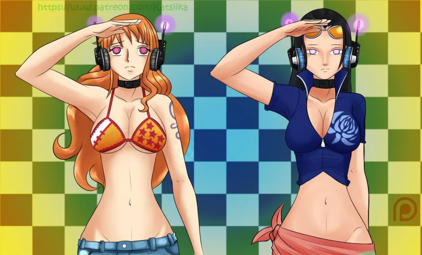 Hypnotised Nami and Robin from One Piece. (art by @hypno_katsiika on twitter)