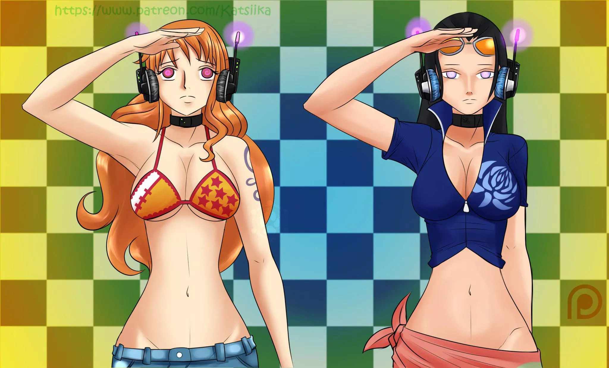 Hypnotised Nami and Robin from One Piece. (art by @hypno_katsiika on twitter)