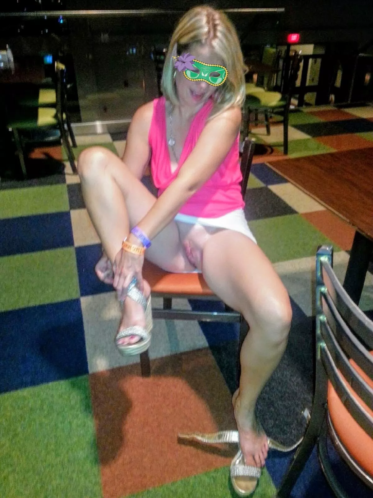 I am sure this is how everyone changes there shoes after bowling! (She makes bowling fun! π) I am sure this is how everyone changes there shoes after bowling! (She makes bowling fun! π)