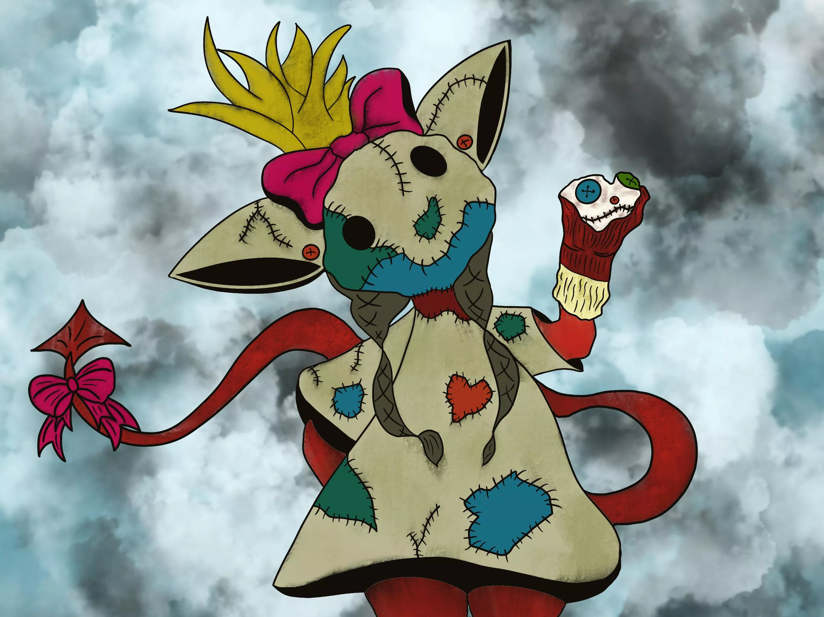 I drew something today! I don’t normally draw anything but I’m playing a DnD one shot tomorrow and I created this character with the concept of LILOs Scrumps from kilo and stitch and a Mimikyuu. So this is my Teafling Bard Calianna who speaks through