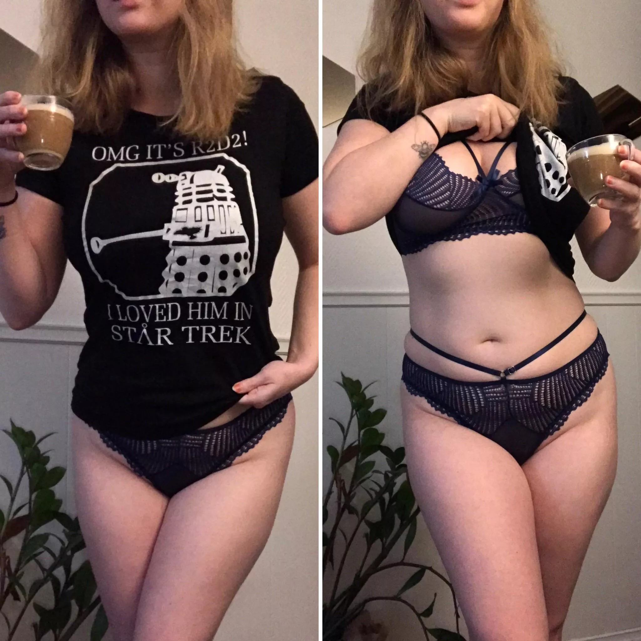 I feel like we need to settle the importance of the nerdy t-shirt. I guessed most of you would focus on my cleavage in the last post, but we still had a discussion about my dorky t-shirt. So, which do you pick? The dork 🤓 or the wild 😈 photo?