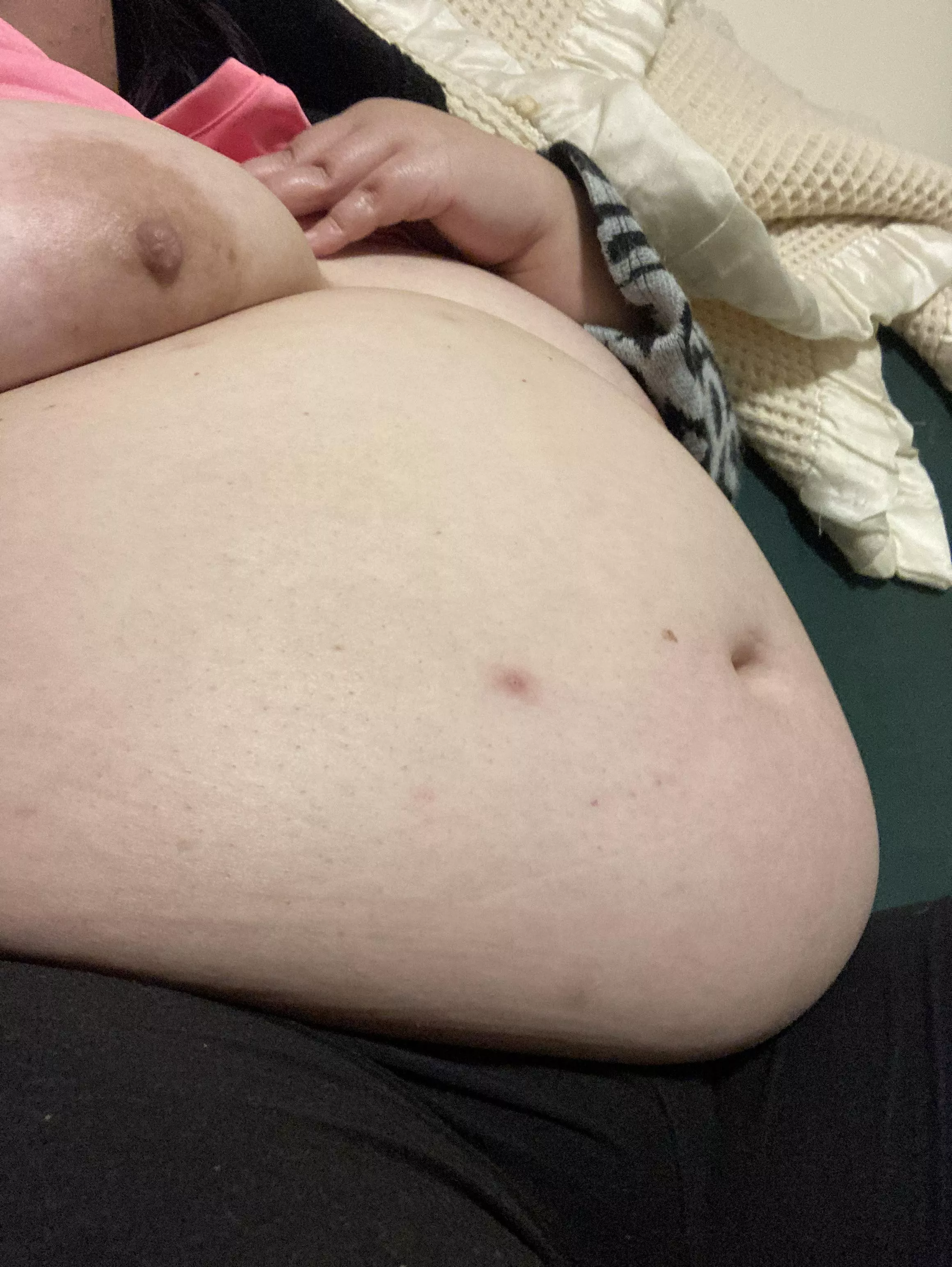 I was so stuffed last night. Here’s my belly afterwards. I posted the vid on my OF.