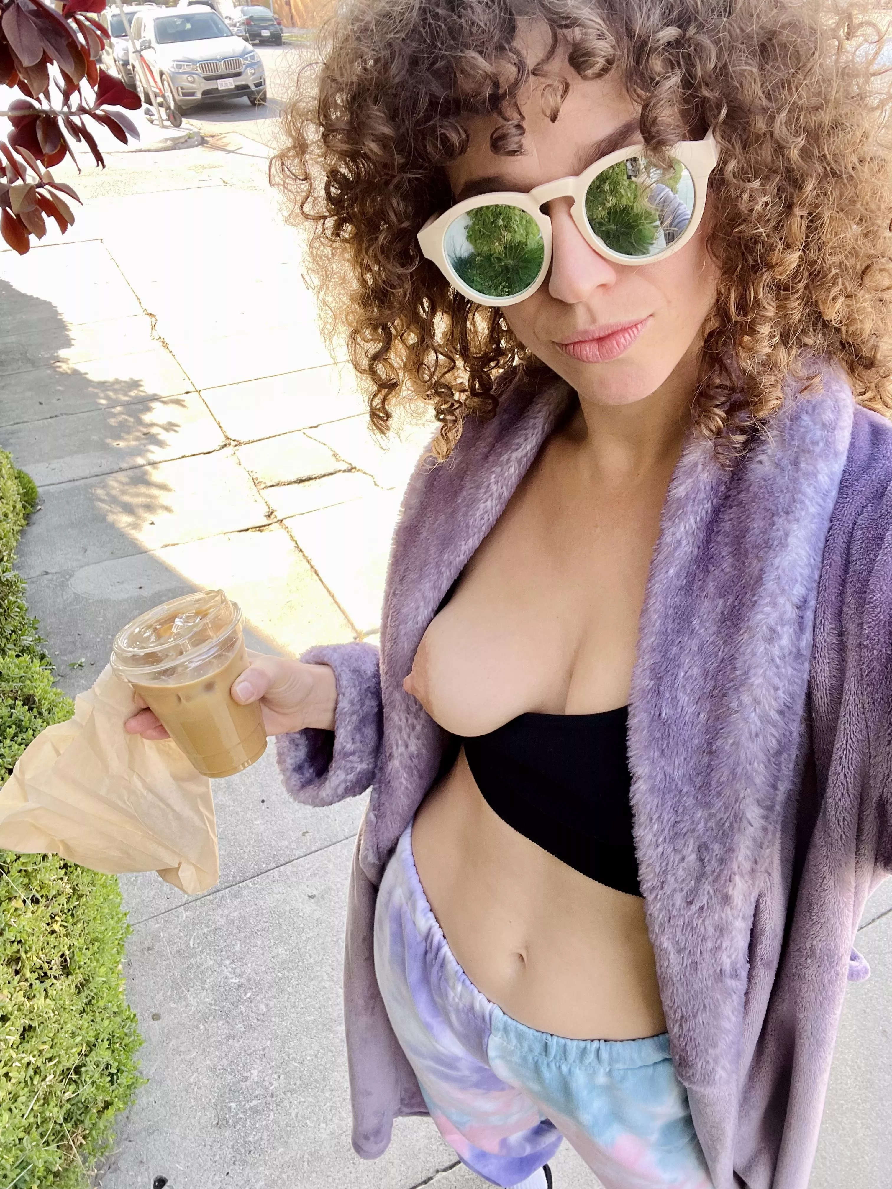 I wear a robe and my tit out while grabbing my morning coffee. [F] MILF