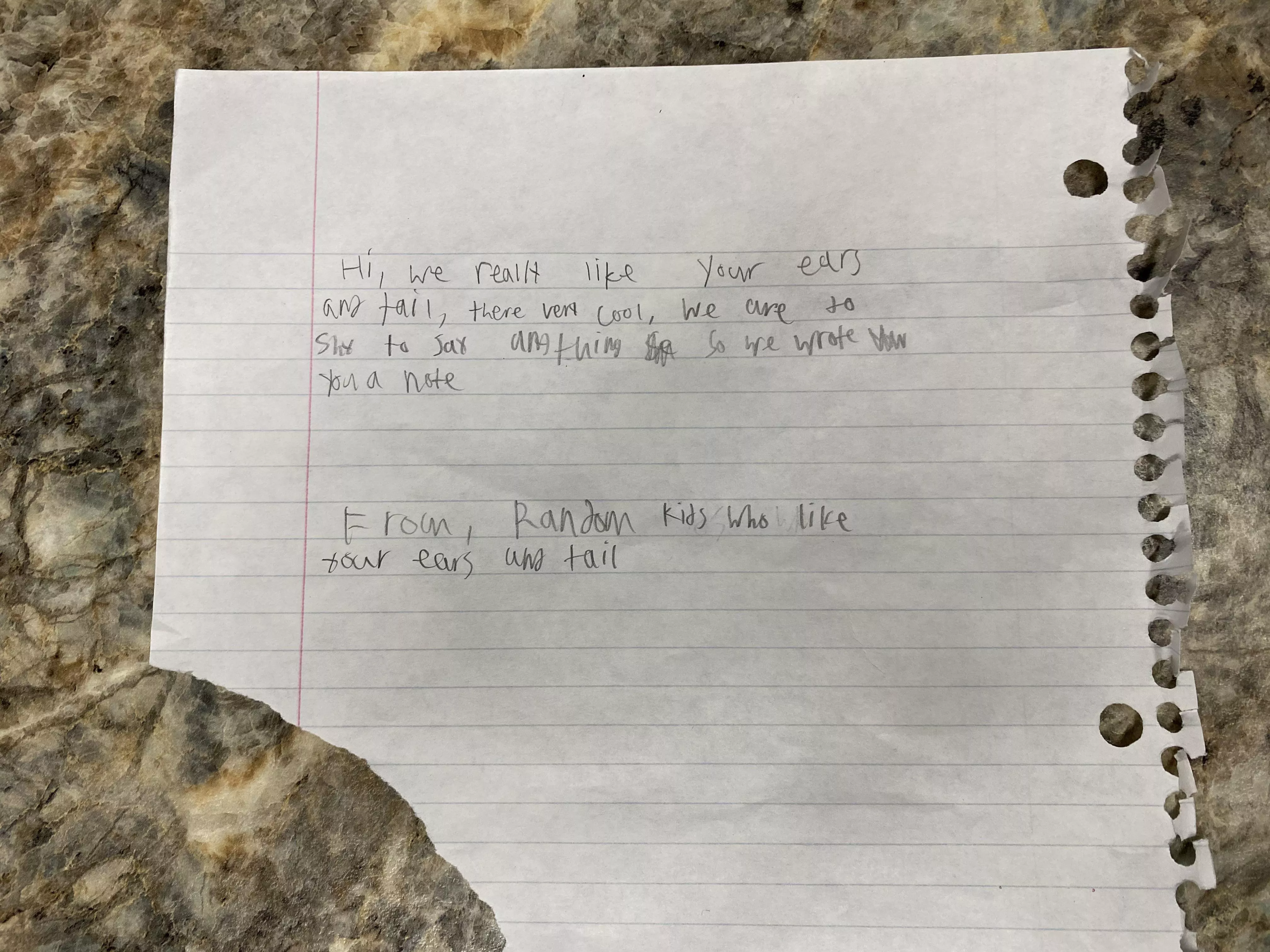I wear a set of fox ears and a tail on a regular basis, and this morning I found this note on my doorstep, left by some kids in my complex.