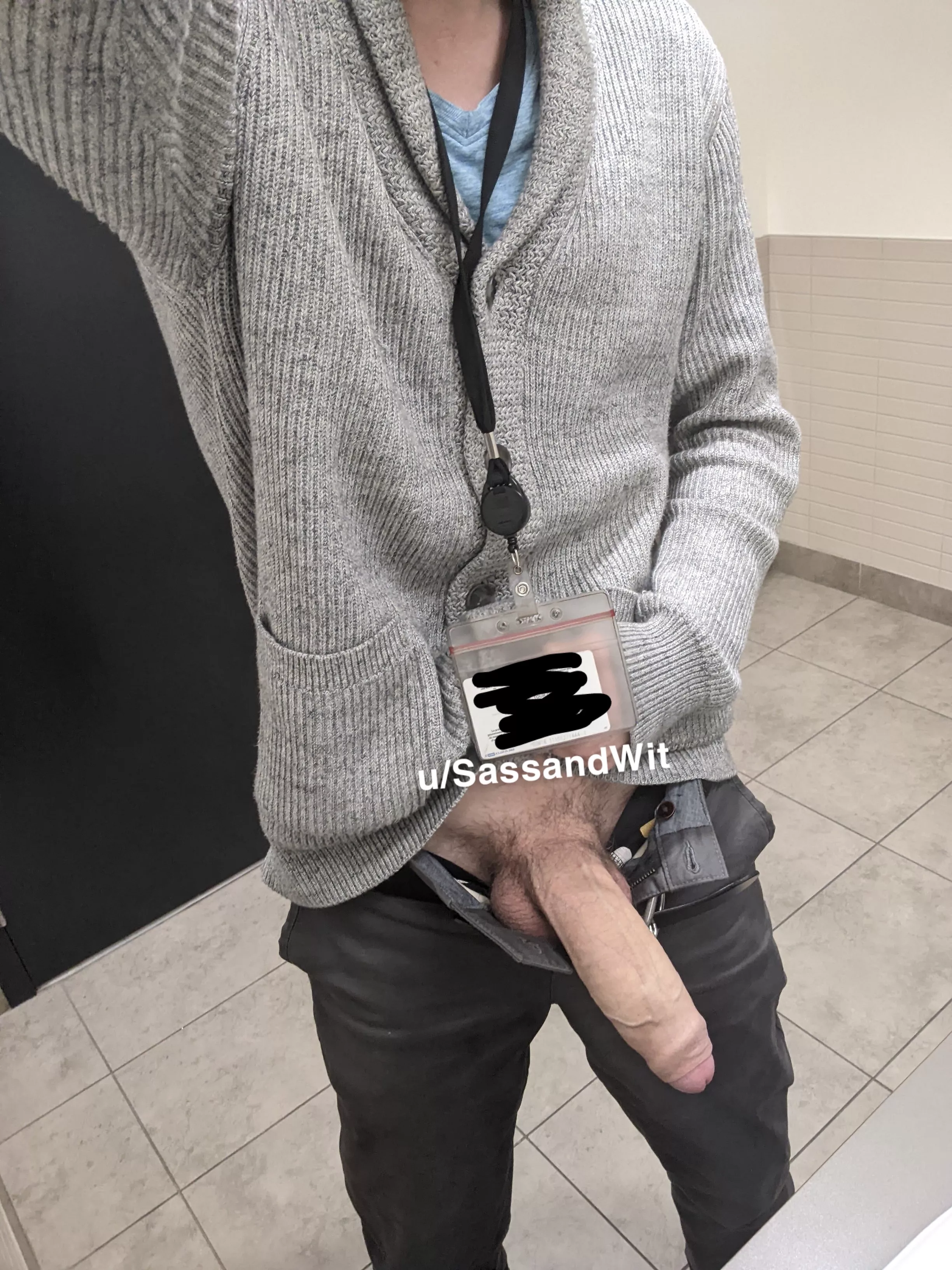 I wonder if my coworkers know that I take pics of my semi-hard cock in the bathroom while on break.