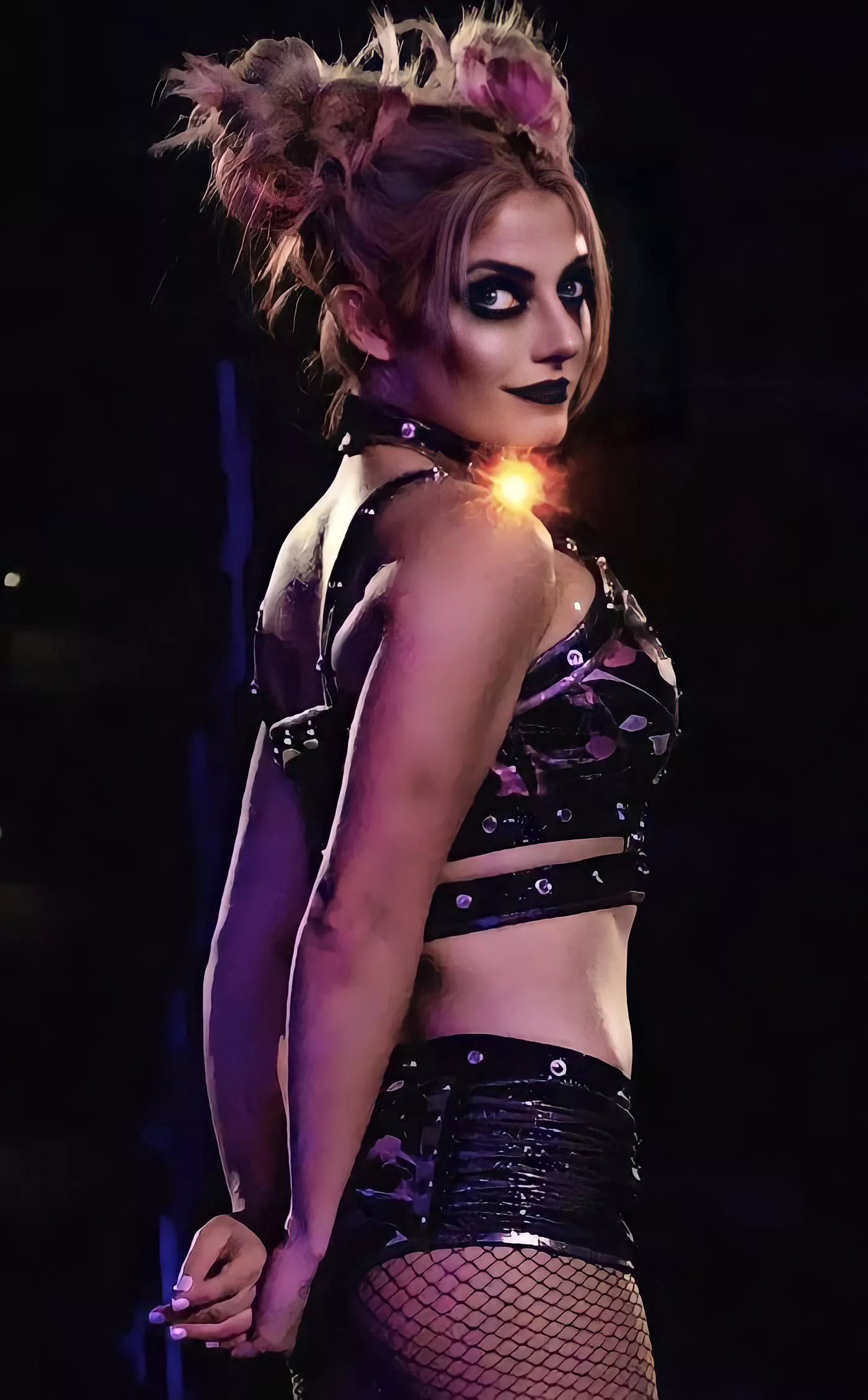 I wouldn’t mind seeing Bliss getting mouth fucked and her goth makeup running down her slutty face! Or being picked up arms under her legs and fucked hard full nelson style.