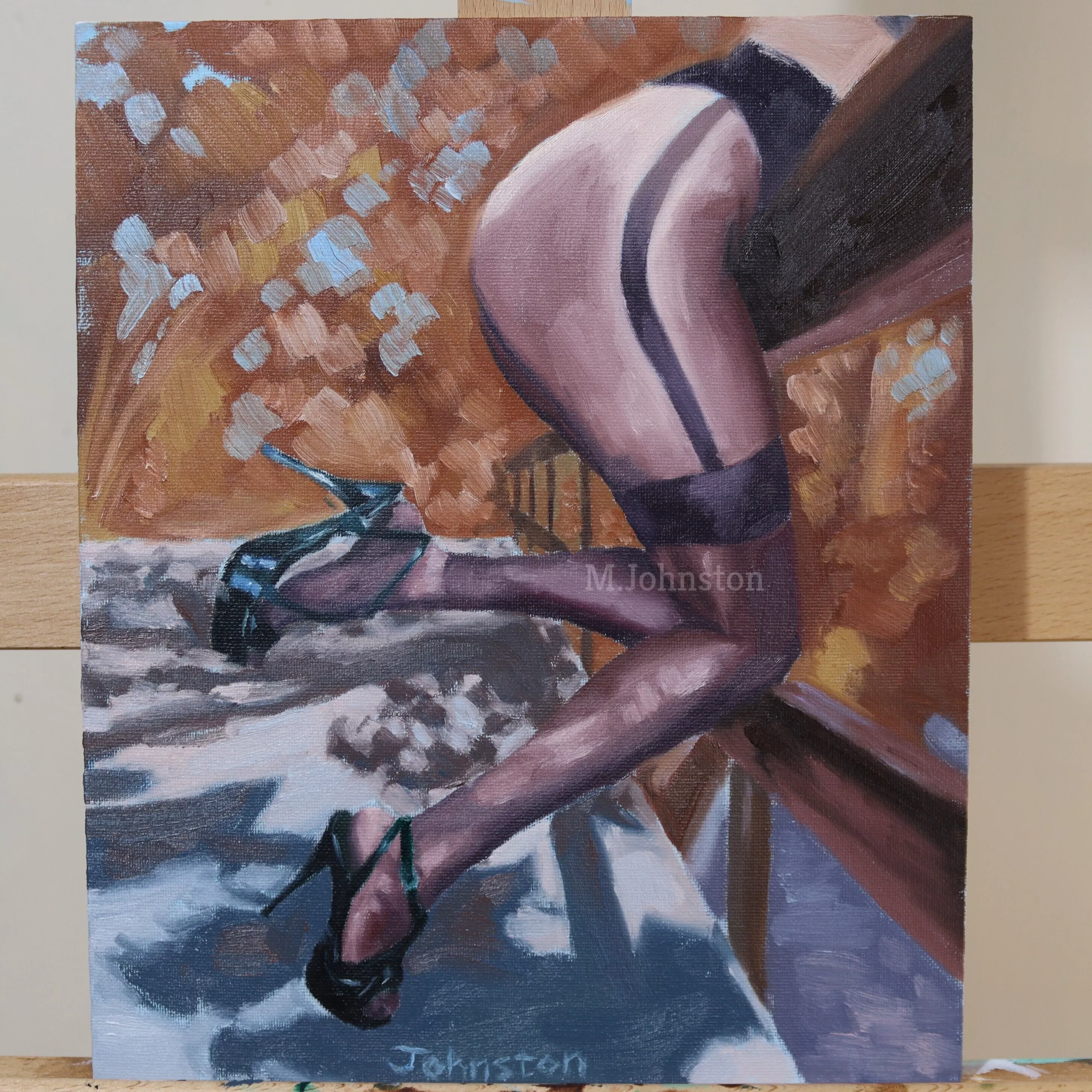 Im a painter and paint women in tights or stockings on my instagram. Thought you might like this. Oil on canvas panel 10x12 inches. By me.