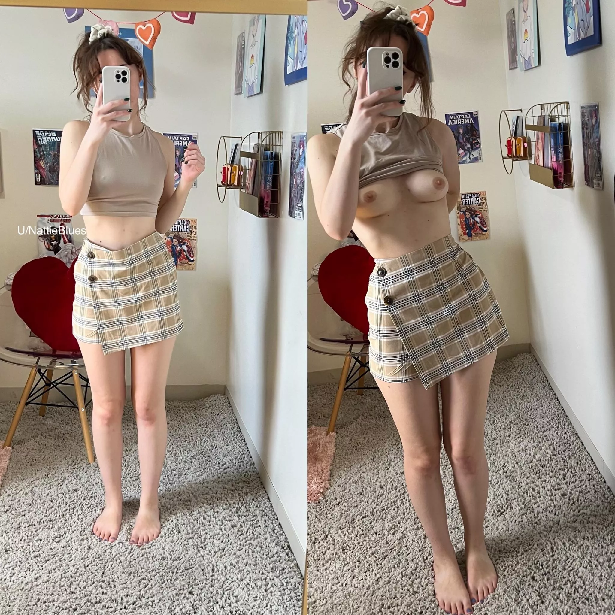 I’m not wearing panties. Do you want to fuck me with the outfit on or off?