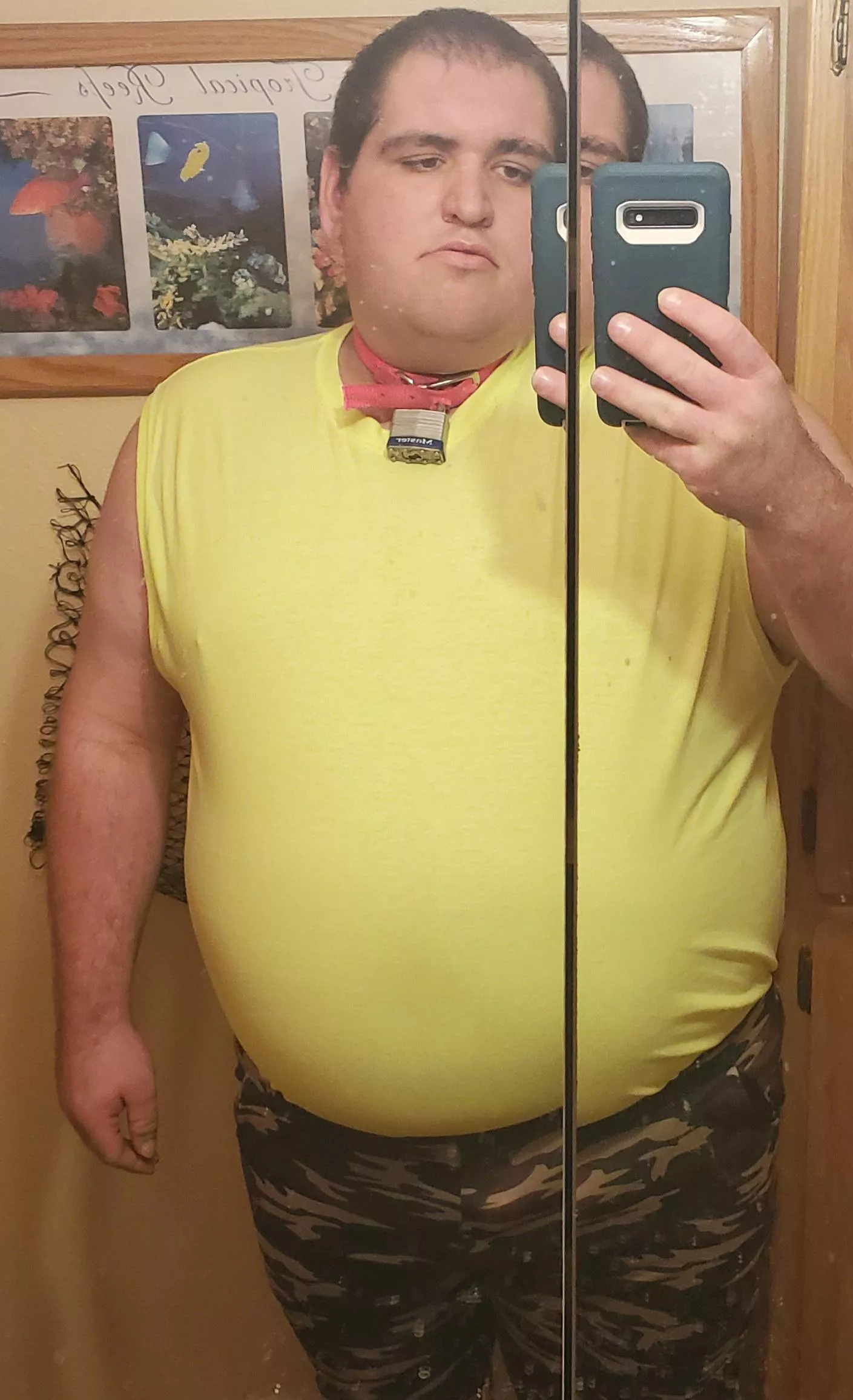 I'm wearing a dog collar with a padlock. I like to humiliate myself.