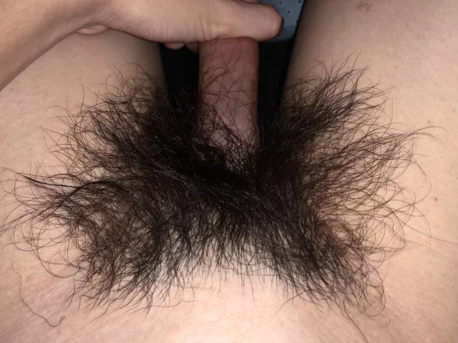 In bed stroking my hard cock and rubbing my hairy thick bush. Send me a DM and tell me what you’d do with my hairy thick bush 😈
