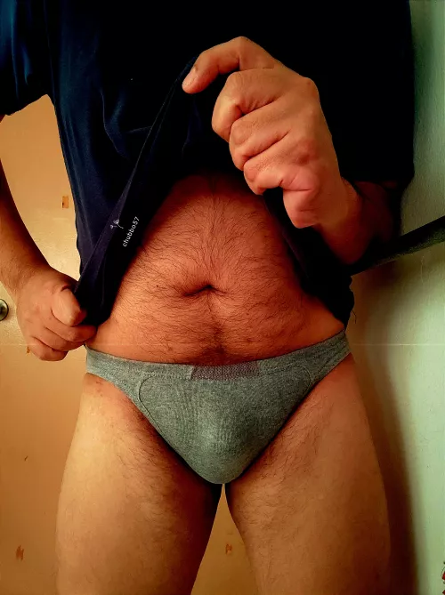 In simple grey slip-in briefs. 🖤🖤🖤