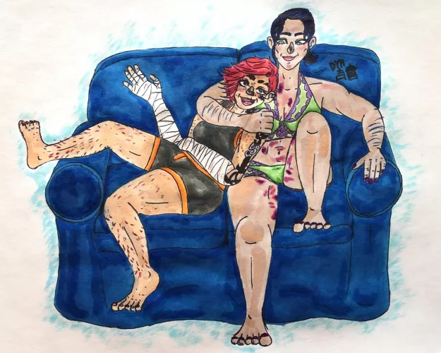 Ink painting of Piltover’s Finest snuggling on their couch post shower sex while they watch The Owl House in prep for its return. 🤗 Happy Valentine’s Day! 🥰