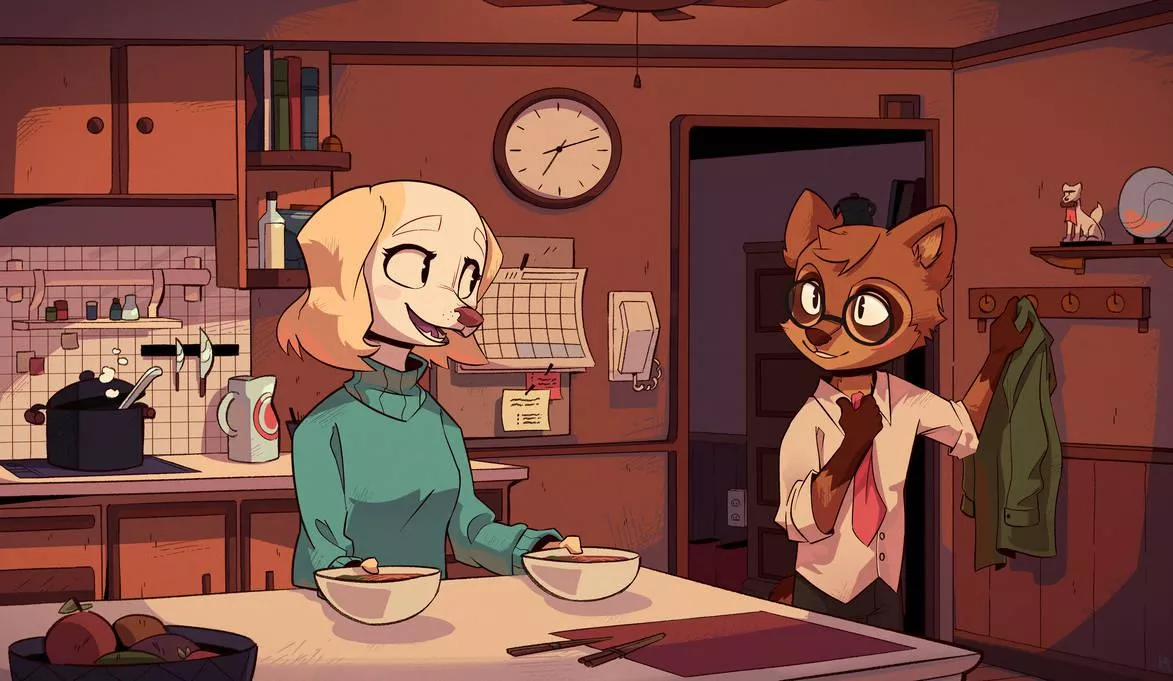 Inui x Kaname ( nervous Tanuki guy ) from Aggretsuko - done for me by Kaleido-Art, link below