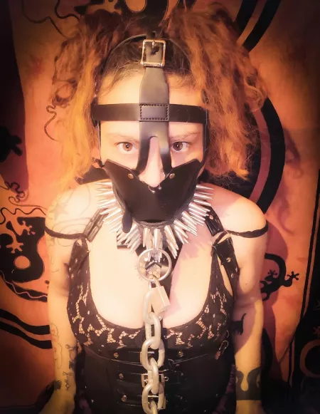 It's me again π
muzzled for being a wild animal a waiting for breast torture π€
