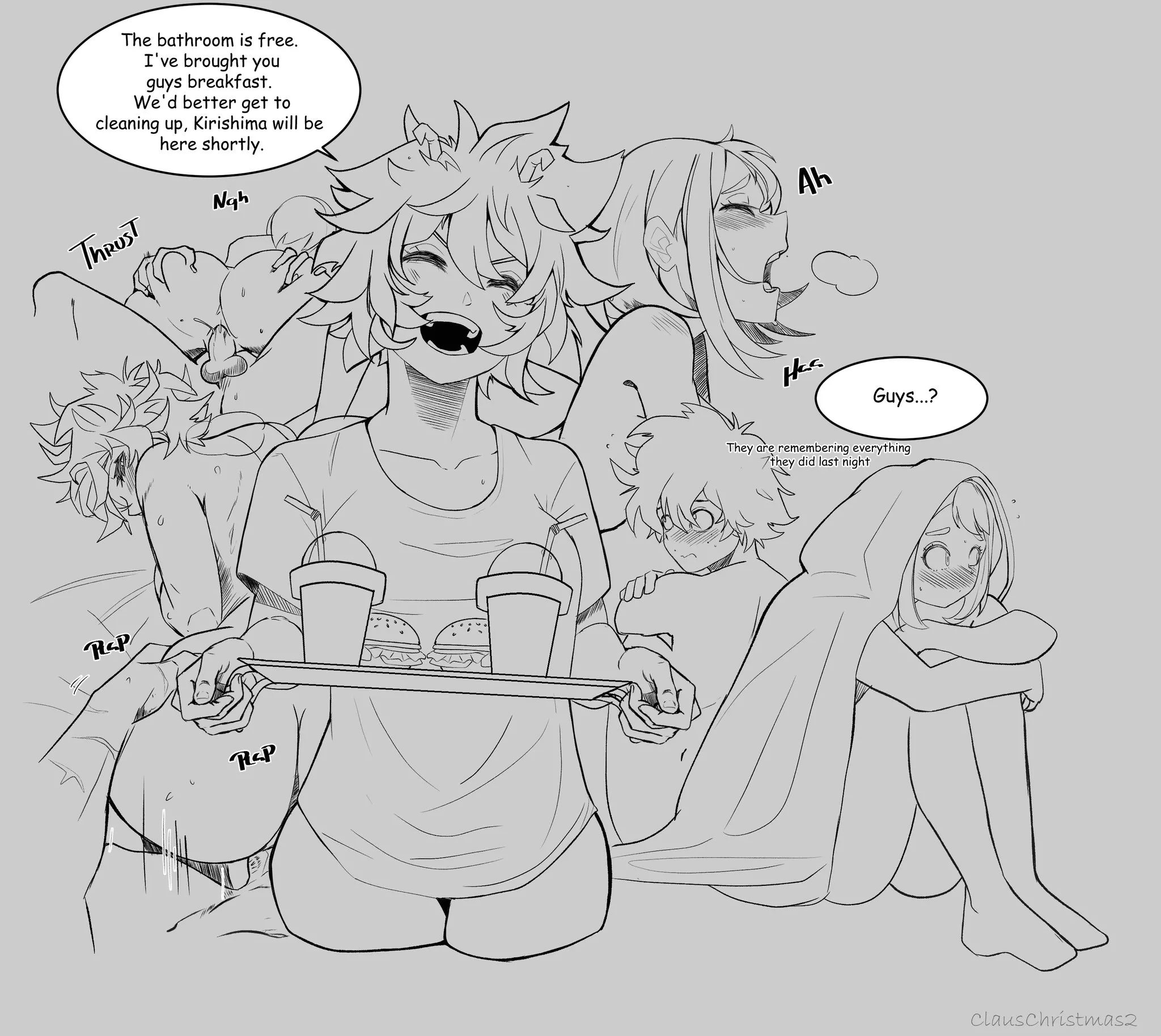 Izuku-Ochako-Mina threesome: the morning after [ClausChristmas]