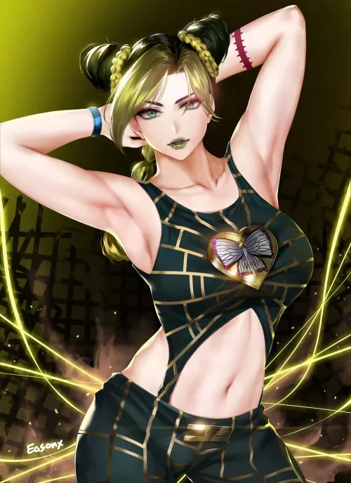 Jolyne with her arms up showing her armpits