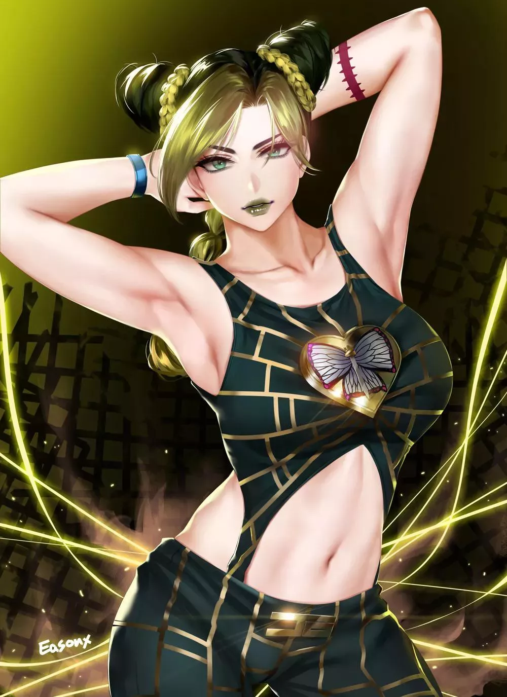 Jolyne with her arms up showing her armpits