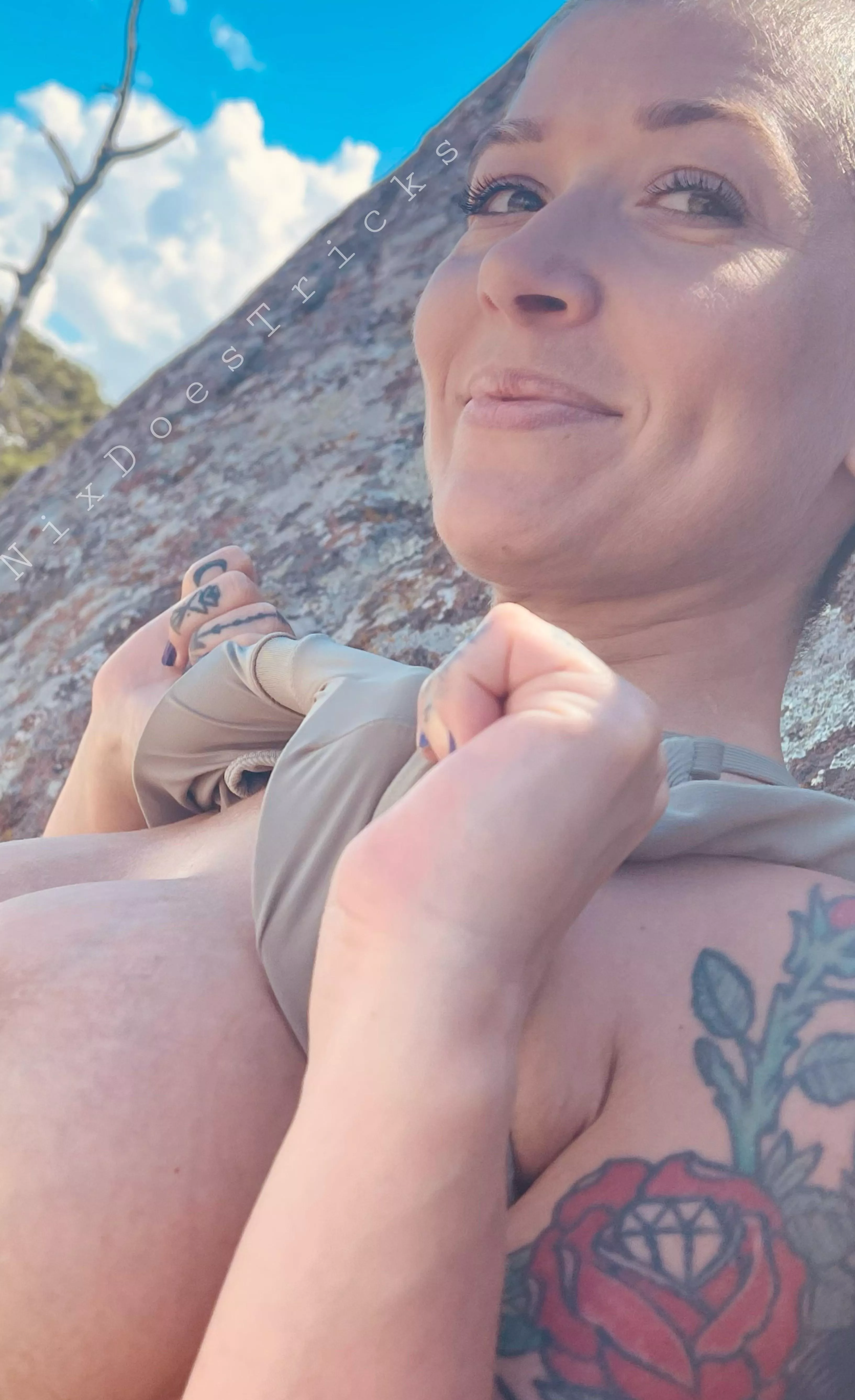 Just enjoying the breeze on my boobs! Just enjoying the breeze on my boobs!