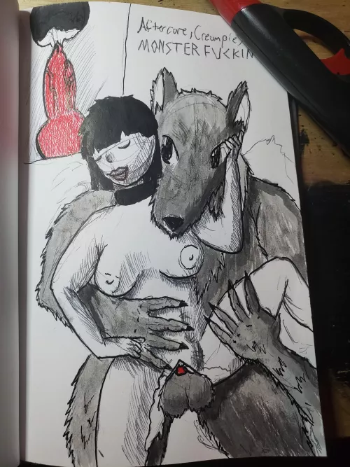 Kinktober day 8 Monsterfucking, creampie, aftercare. Art by me. India ink and pen.