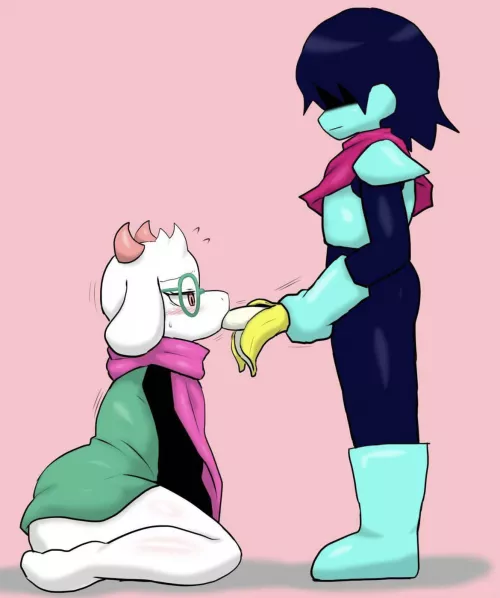 [Kris] makes [Ralsei] eat his delicious banana (enigi09)