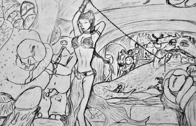 Later that Night in the Palace, The Hutt and his minions are entertained by the Nubile Enslaved Human Girl. Leia’s dance begins to arouse their horniness. By (SlaveLeiafan42)
