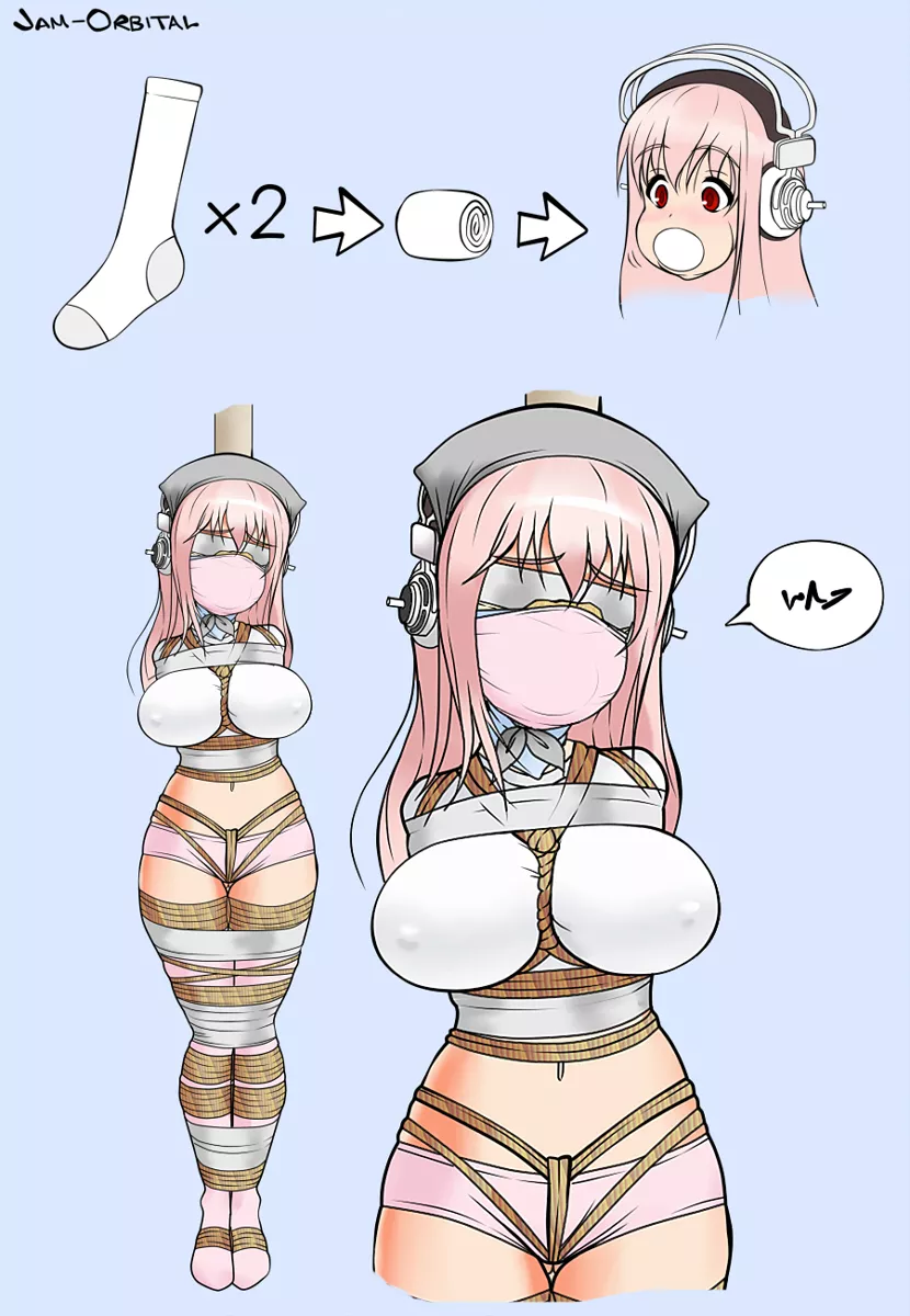 Learn how to gag by using a tied up Super Sonico Learn how to gag by using a tied up Super Sonico