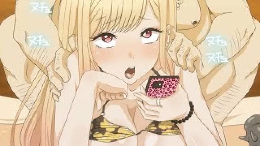 LF Color Source: 1boy, 1girl, Kitagawa Marin, Ahegao(?), blonde hair, bikini, phone, age difference, ring, japanese text, sex toy(?)