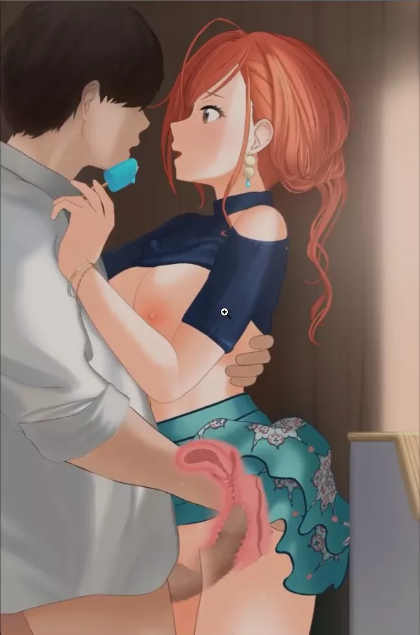 LF Color Source: 1boy, 1girl, white shirt, blue shirt, popsicle, nipples, orange hair, brown hair, grey eyes, sex, hugging, uncensored, penis