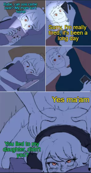 LF Color Source: 1Girl, 1Boy, Bed, Bangs, Blush, Black T-Shirt, Freckles, Phone, Lying, Red Eyes, Sex, Sex from Behind, Pillow, Text: Babe, Can you come over? My mom isn't home. Sorry, I'm really tired, it's been a long day. You lied to my daughter, d