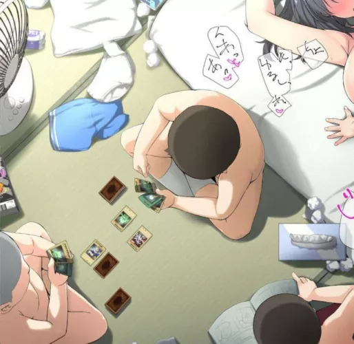 LF Color Source: 1girl, 3boys, 4boys, armpit, arms up, bed, blue shorts, blush, bottle, card game, clothes removes, electrical fan, from above, implied sex, large breasts, nude/naked, out of frame, pillow, sitting indian style, socks, tissue box, tissues