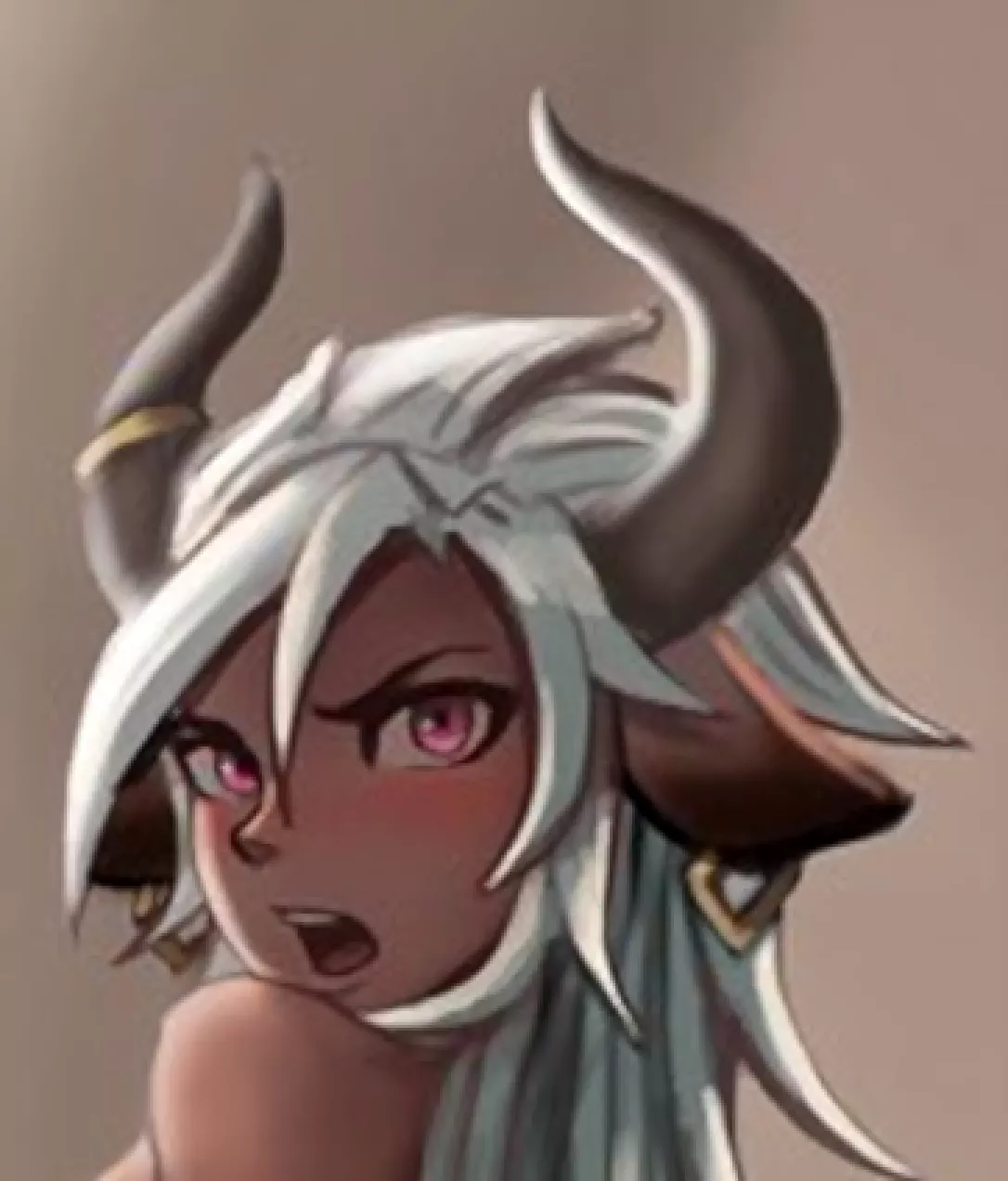 LF Color Source: 1girl, animal ears, bare shoulder, blush, cow girl, dark skin, earrings/ear piercings, hair between eyes, horn ring, horns, looking back, open mouth, pink eyes, simple background, upper teeth, white/grey/silver long hair LF Color Source: 1girl, animal ears, bare shoulder, blush, cow girl, dark skin, earrings/ear piercings, hair between eyes, horn ring, horns, looking back, open mouth, pink eyes, simple background, upper teeth, white/grey/silver long hair