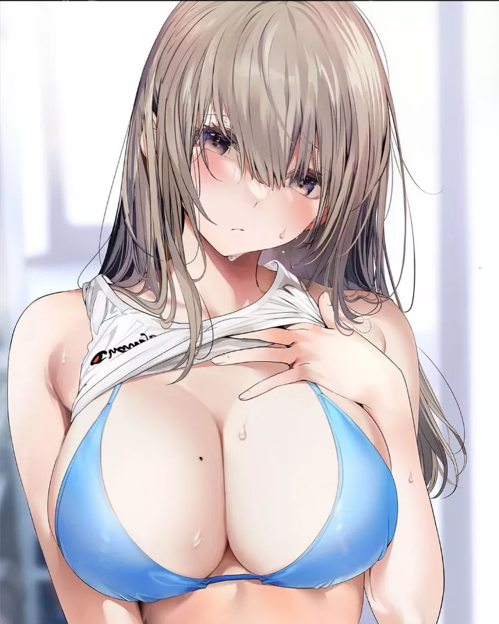 LF Color Source: 1girl, bangs, bare shoulders, breasts, hand_on_own_chest, long hair, clothes lift, sweat, blue bra, upper body, logo, head tilt, looking at viewer, mole on breast, sleeveless, large breast, solo