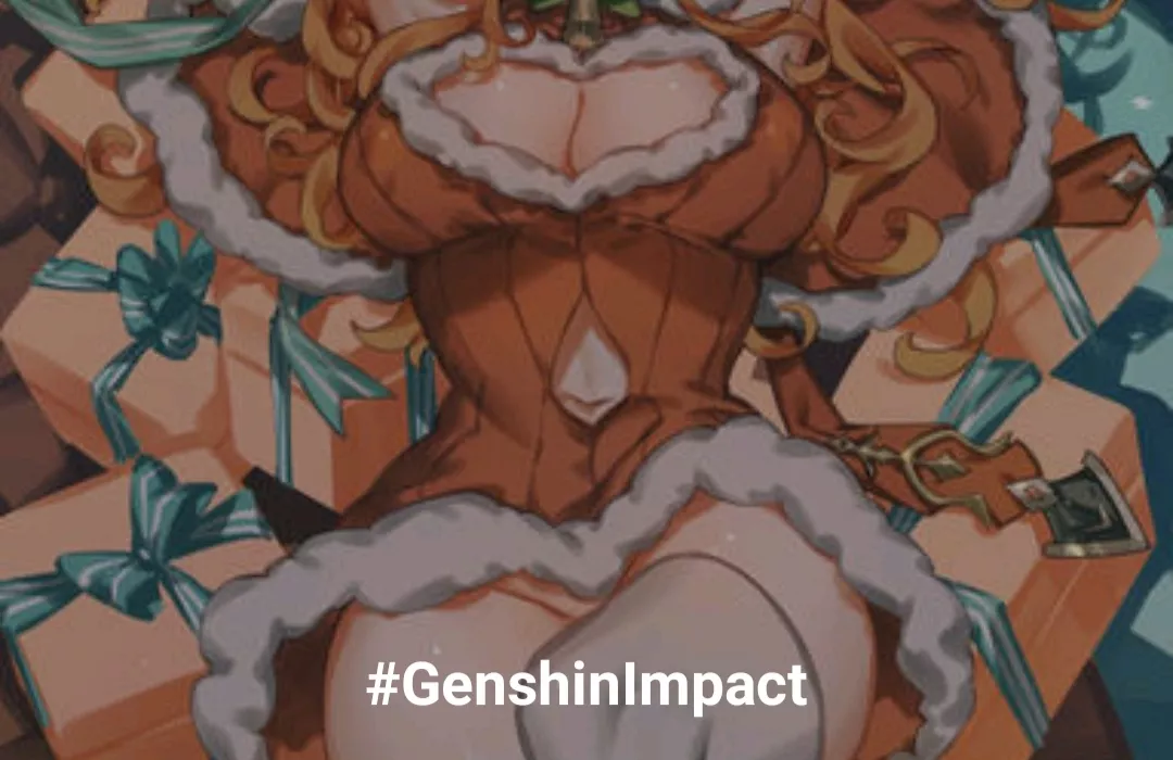 LF Color Source: 1girl, big breasts, cleavage, stockings, curly hair, gifts, presents, lying on presents, Santa cosplay, Christmas costume, orange hair