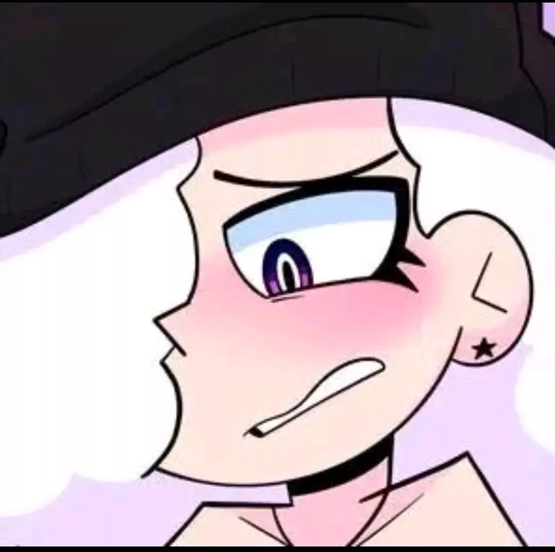 LF Color Source: 1girl, black beanie, white hair, purple eyes, blush, blushing, earrings.