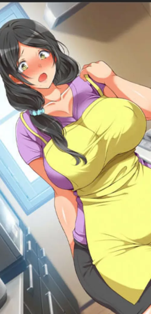 LF Color Source: 1girl, black hair, hair tie, purple clothes, yellow apron, red face