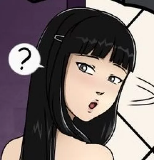 LF Color Source: 1girl, black hair, long hair, bangs, blushing, pink lips, surprised, turning head, hairclip, topless, question mark