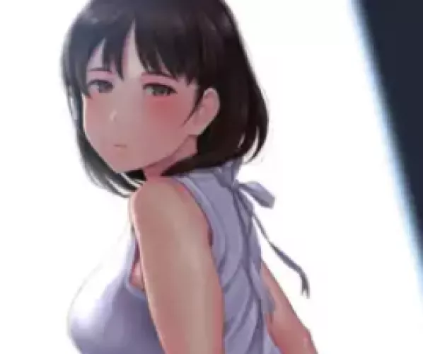 LF Color Source: 1girl, black hair, short hair, gray eyes, looking at viewer, looking back, apron
